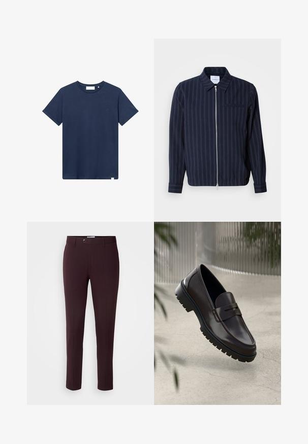 Marineblauwe jas van een katoenmix met witte verticale strepen, een kraag, een volledige rits en een borstzak. Lange mouwen met manchetten.; Navyblauwe katoenen t-shirt met een ronde hals, korte mouwen en een klein geborduurd logo op de linkerkant van de borst. Zachte textuur.; Donker bordeauxrode broek met een slim fit, voorzien van een knoopsluiting, riemlussen en voorplooien. Glad fabric met een strak ontwerp.; Bruine leren loafers met een getextureerde, geribbelde rubberen zool. Beschikt over een slank ontwerp en een decoratieve band over de wreef.