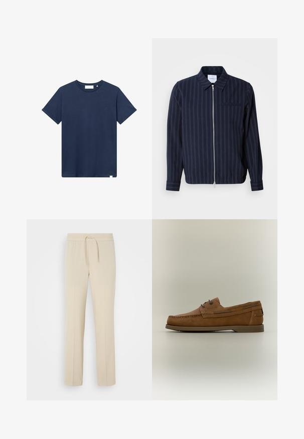 Marineblauwe jas van een katoenmix met witte verticale strepen, een kraag, een volledige rits en een borstzak. Lange mouwen met manchetten.; Navyblauwe katoenen t-shirt met een ronde hals, korte mouwen en een klein geborduurd logo op de linkerkant van de borst. Zachte textuur.; Beige, elastische broek met een trekkoord in de taille. Heeft rechte pijpen en een zachte textuur, geschikt voor casual wear of loungen.; Bruine leren loafer in mocassinstijl met gestikte details en een slanke rubberen zool, getoond in zijprofiel op een neutrale achtergrond.