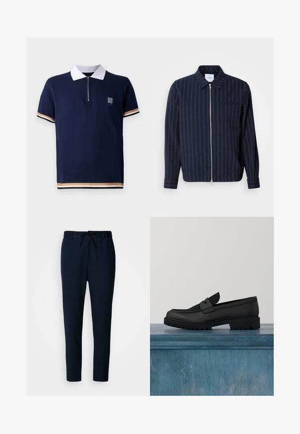 Marineblauwe jas van een katoenmix met witte verticale strepen, een kraag, een volledige rits en een borstzak. Lange mouwen met manchetten.; Marineblauw polo shirt met witte kraag, kwart-rits ontwerp en gestructureerde stof. Beschikt over gestreepte accenten in goud en wit op de mouwen.; Donkerblauwe broek gemaakt van een zachte, lichtgewicht stof. Heeft een taille met trekkoord, taps toelopende pijpen en een gladde textuur.; Zwarte leren instapschoen met een textuuraccent van stof, een stevige rubberen zool en een gladde afwerking. Voorzien van subtiele stikseldetails.