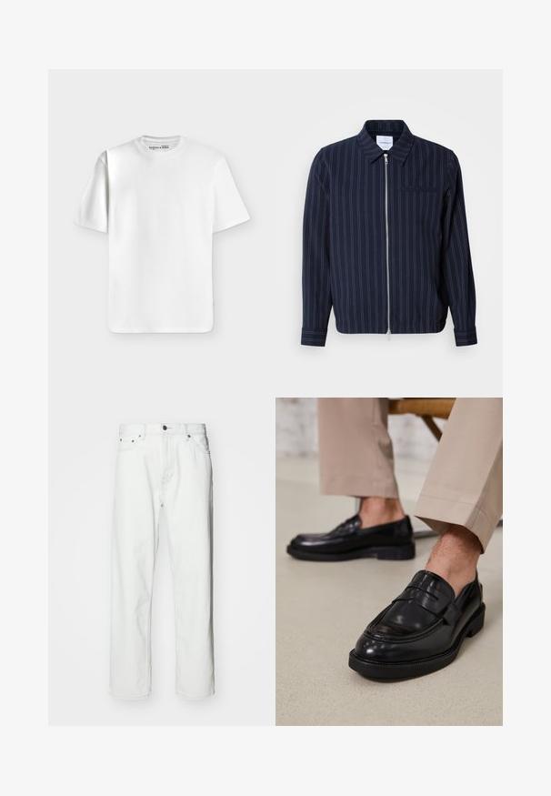 Veste marine en mélange de coton avec des rayures verticales blanches, un col, une fermeture éclair intégrale et une poche poitrine. Manches longues avec poignets.; T-shirt blanc uni à manches courtes et col rond, posé à plat sur un fond gris clair avec une petite étiquette de marque à l’intérieur du col.; Jean en denim blanc avec une coupe droite, design à cinq poches, fermeture à bouton et détails de coutures subtils. Texture lisse et style minimaliste.; Mocassins en cuir noir avec une finition lisse, ornés d'une sangle décorative et de coutures contrastées, associés à un pantalon beige.