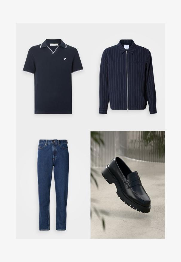 Veste marine en mélange de coton avec des rayures verticales blanches, un col, une fermeture éclair intégrale et une poche poitrine. Manches longues avec poignets.; Polo bleu marine à manches courtes avec une bordure blanche au col et aux manches, avec un petit logo blanc d'oiseau sur la poitrine.; Jean bleu foncé en denim, avec une coupe droite, style cinq poches et des coutures apparentes le long des coutures.; Mocassins en cuir noir avec une semelle à crampons épaisse, dotés d'une sangle décorative et de détails de couture. Texture lisse avec une finition polie.
