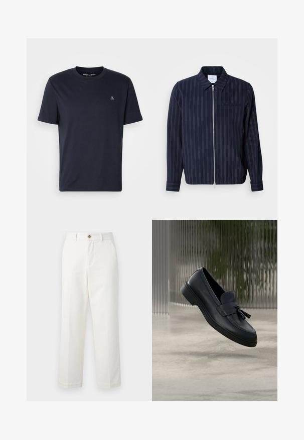 Chaqueta de navy hecha de una mezcla de algodón con rayas verticales blancas, cuello con solapa, cremallera completa y un bolsillo en el pecho. Mangas largas con puños.; Camiseta de algodón azul marino de manga corta, con cuello redondo y pequeño logo bordado en el pecho. Textura suave, diseño casual.; Pantalones blancos ajustados de algodón, con un diseño de pierna recta, bolsillos frontales y un cierre de botón en la cintura. Textura suave.; Mocasines de cuero negro con textura suave, punta redondeada y borlas decorativas en el frente. Suela de goma flexible con tacón bajo.