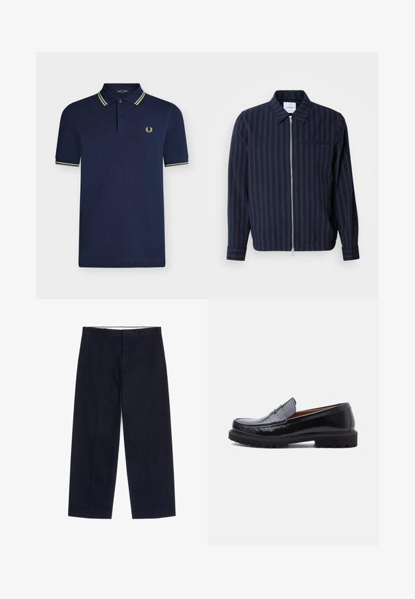 Veste marine en mélange de coton avec des rayures verticales blanches, un col, une fermeture éclair intégrale et une poche poitrine. Manches longues avec poignets.; Polo bleu marine à manches courtes avec patte à deux boutons, col et poignets rayés, et petit logo laurier jaune sur la poitrine.; Pantalon noir à coupe droite avec passants de ceinture, poches latérales et fermeture éclair devant, présenté à plat sur fond blanc.; Mocassin penny en cuir noir avec semelle en caoutchouc épaisse et couture moc toe, montré de profil sur un fond blanc.