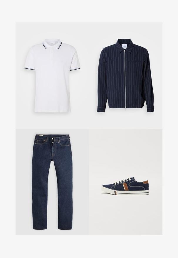Marineblauwe jas van een katoenmix met witte verticale strepen, een kraag, een volledige rits en een borstzak. Lange mouwen met manchetten.; Witte poloshirt van katoen met een kraag, drieknoopsluiting en marineblauwe en witte gestreepte accenten op de mouwen.; Donkerblauwe recht gesneden spijkerbroek met knoopsluiting, voor- en achterzakken en contrasterende stiksels, plat gelegd op een lichte achtergrond.; Marineblauwe canvas sneakers met witte vetersluiting, bruin accent en details met zijstrepen. Voorzien van een rubberen zool en contrasterende stiksels.