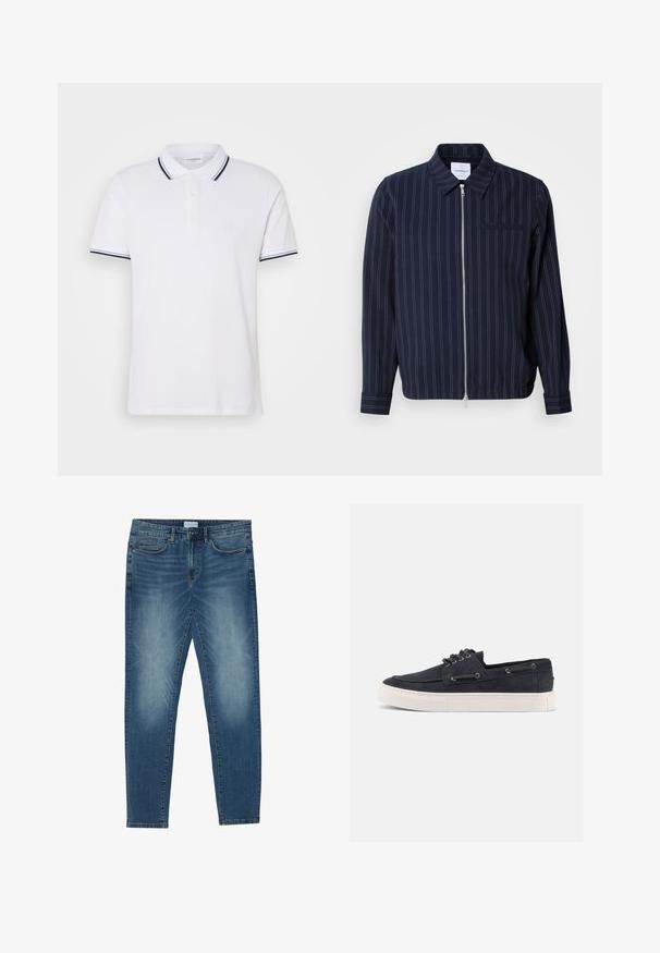 Chaqueta de navy hecha de una mezcla de algodón con rayas verticales blancas, cuello con solapa, cremallera completa y un bolsillo en el pecho. Mangas largas con puños.; Camiseta polo blanca de algodón con cuello, tapeta de tres botones y acentos a rayas en azul marino y blanco en las mangas.; Vaqueros de mezclilla en azul medio con un lavado descolorido, diseño de cinco bolsillos, corte recto y acentos cosidos. Cierre con botón y cremallera.; Zapatilla casual de ante azul marino con suela de goma blanca, cordones negros y ojales de metal, mostrada desde el lado derecho sobre un fondo liso.