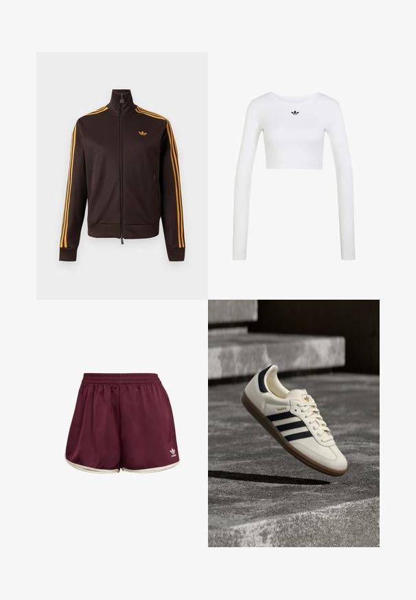 Chaqueta de chándal negra con cremallera, con tres rayas naranjas en las mangas y logo de Adidas naranja en el pecho, cuello alto y bolsillos laterales con cremallera.; Top corto blanco de manga larga con cuello redondo y pequeño logo negro de Adidas centrado debajo del escote.; adidas Originals SPRINTER - Shorts - maroon cream white; Zapatilla blanca Adidas Samba con franjas negras y suela de goma, flotando sobre escalones de hormigón gris texturizado.