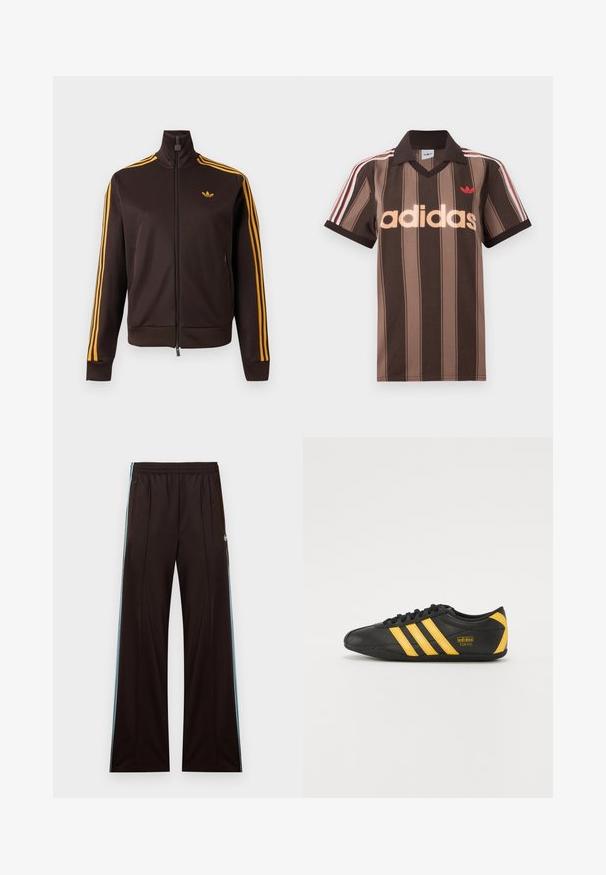 Sort lynlåstræningstrøje med orange tre striber på ærmerne og orange Adidas-logo på brystet, høj krave og lynlåslommer i siden.; Brunstribet Adidas polo-shirt med V-hals, bordeaux krave og rødt logo. Har hvide og røde skulderstriber samt korte ærmer.; Sorte løse bukser med lyseblå sidelommer, elastisk talje, lynlås på lommerne og Adidas-logo på venstre hofte.; Sort lædersportssko med gult tre-stribe design, rund tå, sorte snørebånd og lille logo på siden. Lavprofil silhuet.
