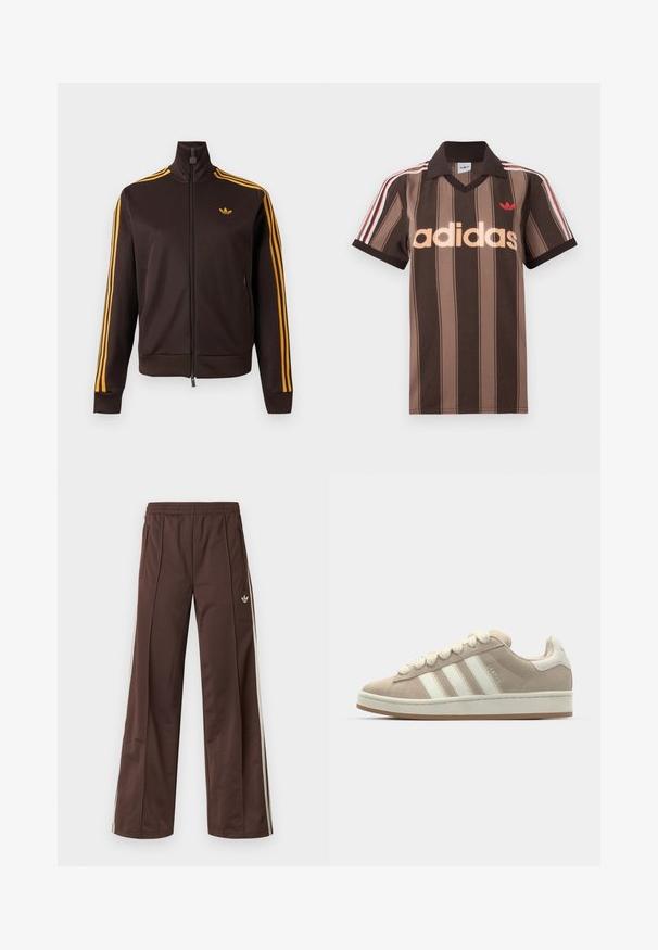 Chaqueta de chándal negra con cremallera, con tres rayas naranjas en las mangas y logo de Adidas naranja en el pecho, cuello alto y bolsillos laterales con cremallera.; Polo Adidas marrón con rayas, cuello en V, cuello burdeos y logo rojo. Presenta rayas blancas y rojas en los hombros, mangas cortas.; Pantalones deportivos marrones con diseño de pierna ancha, franjas laterales blancas, cintura elástica y dos bolsillos laterales. Presentan un pequeño logo en la pierna.; Zapatillas de ante marrón con rayas y cordones de cuero blanco, suela de goma, cuello acolchado y detalles texturizados en la parte superior.
