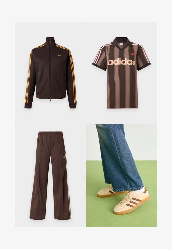 Schwarze Trainingsjacke mit Reißverschluss, orangefarbenen drei Streifen an den Ärmeln und orangefarbenem Adidas-Logo auf der Brust, hohem Kragen und Reißverschlusstaschen an den Seiten.; Braunes gestreiftes Adidas-Poloshirt mit V-Ausschnitt, bordeauxrotem Kragen und rotem Logo. Mit weißen und roten Schulterstreifen, kurzen Ärmeln.; Braune Sporthose mit weitem Bein, weißen Seitenstreifen, elastischem Bund und zwei Seitentaschen. Mit kleinem Logo am Bein.; Beige Sneakers mit strukturierten cremefarbenen Paneelen und braunen Streifen, kombiniert mit blauen Jeans. Die Jeans haben einen weiten Beinschnitt und einen fransigen Saum.