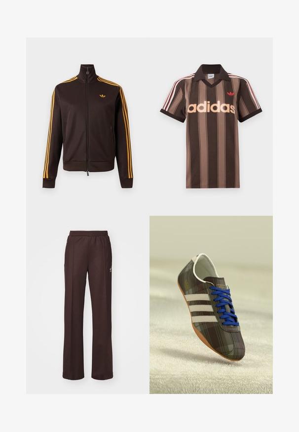 Zwarte trackjack met ritssluiting, oranje drie strepen op de mouwen en oranje Adidas-logo op de borst, hoge kraag en ritssluiting aan de zijkanten.; Bruine gestreepte Adidas polo met V-hals, bordeauxrode kraag en rood logo. Heeft witte en rode schouderstrepen, korte mouwen.; Bruine sportieve broek met een elastische tailleband, twee zijzakken en een klein logo aan de linkerzijde, gemaakt van een zachte stof.; Bruine geruite sportschoenen met blauwe veters, drie witte strepen en een glad oppervlak, met een lichtbruine rubberen zool.