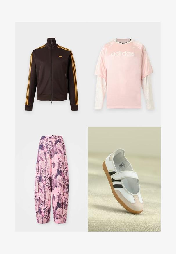Juoda sportinė striukė su užtrauktuku, oranžinėmis trim juostelėmis ant rankovių ir oranžiniu Adidas logotipu ant krūtinės, aukštu apykakliu ir užtrauktukais šoniniuose kišenėse.; Šviesiai rožinė adidas ilgomis rankovėmis marškinėliai su baltomis tinklelio raštuotomis rankovėmis ir adidas logotipu ant krūtinės pilkame fone.; Rožinės ir violetinės spalvos plačios kelnės su lapų ir šakelių raštu, aukštu liemeniu ir šoniniais kišenėmis papildomai funkcionalumui.; Balti batai su rožine zomšos pirštele, juodomis juostelėmis ir Velcro dirželiu. Ypatybės: tans spalvos guminis padas ir logotipas šone.