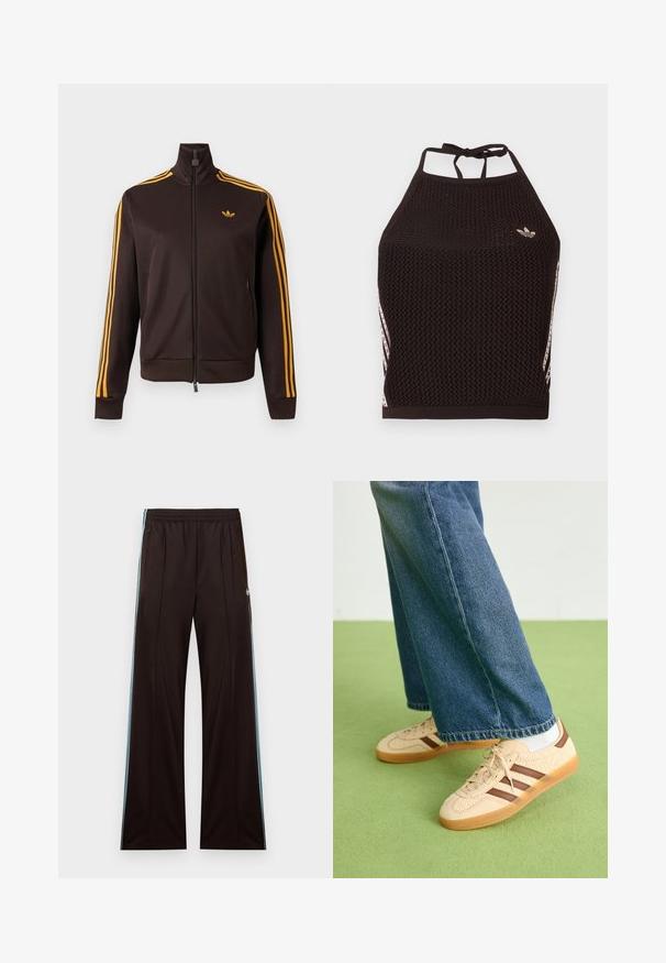 Chaqueta de chándal negra con cremallera, con tres rayas naranjas en las mangas y logo de Adidas naranja en el pecho, cuello alto y bolsillos laterales con cremallera.; Top corto de malla negra tipo halter con un diseño texturizado. Cuenta con franjas de acento rosa y un pequeño logotipo en el frente. Cierre con lazada en la espalda.; Pantalones de chándal negros de pierna ancha con franjas laterales azul claro, cintura elástica, bolsillos con cremallera y logo de Adidas en la cadera izquierda.; Zapatillas beige con paneles de crema texturizados y rayas marrones, combinadas con unos jeans de mezclilla azul. Los jeans tienen un corte de pierna ancha y dobladillo deshilachado.