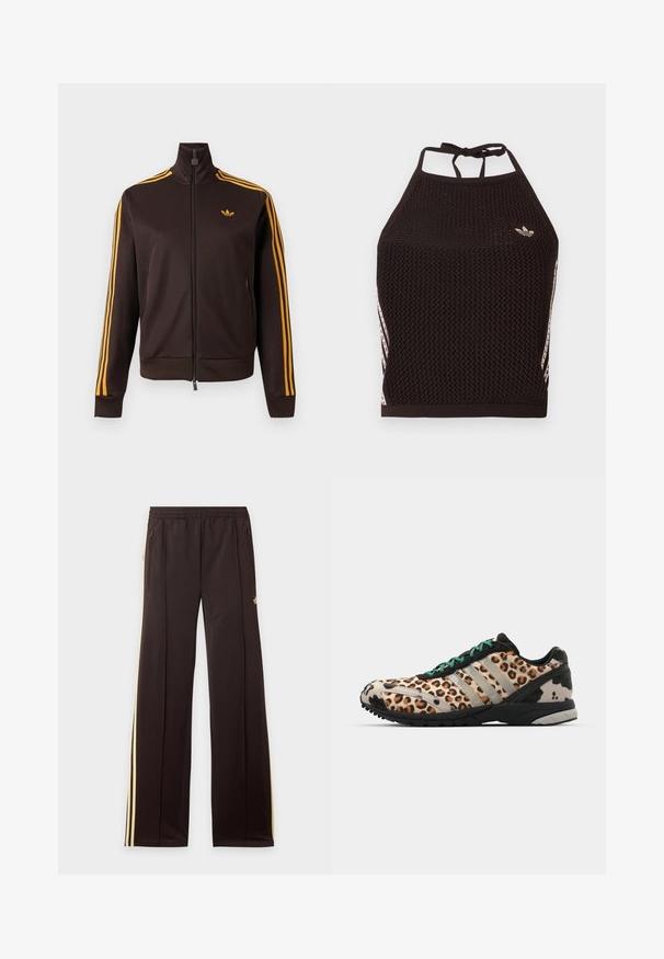 Chaqueta de chándal negra con cremallera, con tres rayas naranjas en las mangas y logo de Adidas naranja en el pecho, cuello alto y bolsillos laterales con cremallera.; Top corto de malla negra tipo halter con un diseño texturizado. Cuenta con franjas de acento rosa y un pequeño logotipo en el frente. Cierre con lazada en la espalda.; Pantalones de chándal negros con rayas amarillas laterales, cintura elástica, bolsillos laterales con cremallera y un pequeño logo en el muslo superior.; adidas Originals ADIZERO ADIOS OG - Zapatillas - grey two/core black/court green