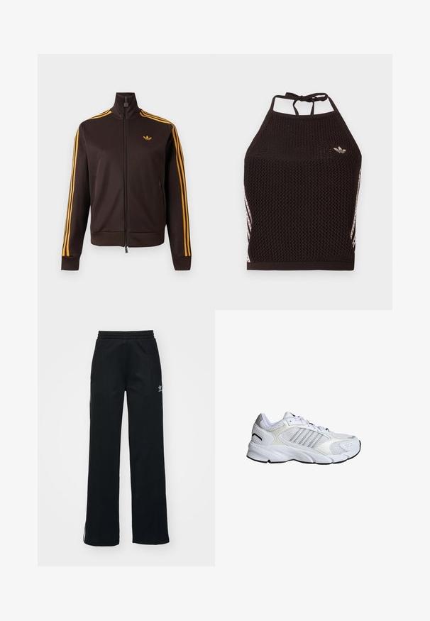 Sort lynlåstræningstrøje med orange tre striber på ærmerne og orange Adidas-logo på brystet, høj krave og lynlåslommer i siden.; Sort mesh halter crop top med tekstureret design. Har pink accentstriber og en lille logo foran. Lukning med bånd bagpå.; Sorte træningsbukser med en afslappet pasform, snoretræk i taljen, sidelommer med lynlås og diskret hvid branding på venstre ben.; Hvide sportsko i åndbart mesh og syntetiske materialer, med tre sølvstriber, struktureret gummisål og polstret krave.