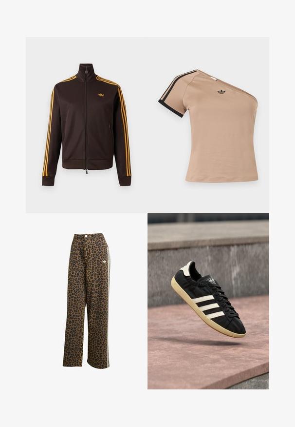 Schwarze Trainingsjacke mit Reißverschluss, orangefarbenen drei Streifen an den Ärmeln und orangefarbenem Adidas-Logo auf der Brust, hohem Kragen und Reißverschlusstaschen an den Seiten.; Beiger Ein-Schulter-Sporttop mit schwarzen Streifen am kurzen Ärmel und kleinem schwarzem Adidas-Logo auf der Brust.; Leopardenmuster breite Hosen in Braun mit schwarzen Flecken, mit hoher Taille und weißen Seitenstreifen, aus Baumwollstoff gefertigt.; Schwarzer Adidas-Sneaker mit weißen Streifen und beiger Sohle, in der Luft über einer steinernen Oberfläche und mit Steinwand im Hintergrund aufgenommen.
