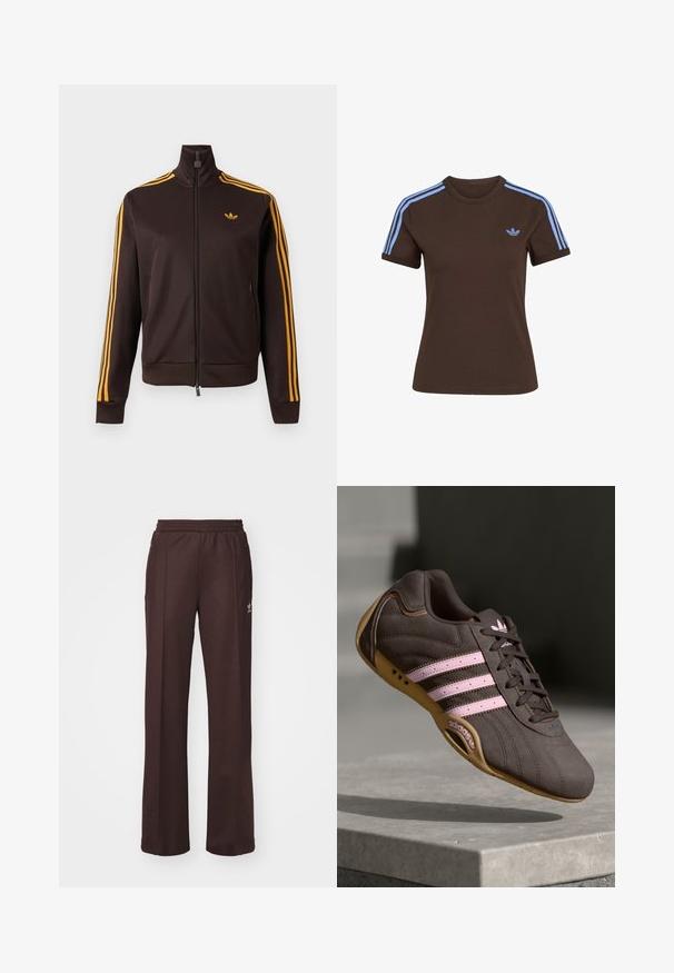 Sort lynlåstræningstrøje med orange tre striber på ærmerne og orange Adidas-logo på brystet, høj krave og lynlåslommer i siden.; Brun T-shirt med korte ærmer med lyseblå tre striber på skuldrene og lille lyseblåt Adidas-logo på venstre bryst.; Brune træningsbukser med elastisk talje, to sidelommer og et lille logo på venstre side, lavet af et blødt stof.; Brune ruskind atletik sko med pink striber og logo, med en tekstureret overdel, snørebåndslukning og en gummirubbersål.
