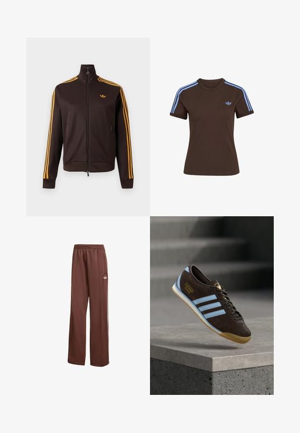 Černá tracková bunda na zip s oranžovými třemi pruhy na rukávech a oranžovým logem Adidas na hrudi, vysokým límcem a kapsami na zip na bocích.; Hnědé tričko s krátkým rukávem se světle modrými třemi pruhy na ramenech a malým světle modrým logem Adidas na levé straně hrudi.; Hnědé široké tepláky s elastickým pasem, bočními zipovými kapsami, bílými bočními pruhy a malým bílým logem na horní levé noze.; Hnědý teniska Adidas se světle modrými pruhy a gumovou podrážkou visící nad betonovým okrajem, s rozmazanými schody v pozadí.