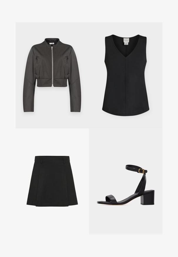Zwarte cropped jas met lange mouwen, rits aan de voorkant, opstaande kraag, zijzakken en elastische taillepanelen.; Zwart dames top zonder mouwen met V-hals, rechte zoom en een Calvin Klein-label aan de binnenkant van de hals.; Zwarte plissé rok met een gestructureerde tailleband. Gemaakt van een textuurstof, het heeft duidelijke vouwen en een rechte zoom.; Zwarte open sandaal met blokhak en enkelbandje met een kleine gouden gesp, zijkantweergave op een effen achtergrond.