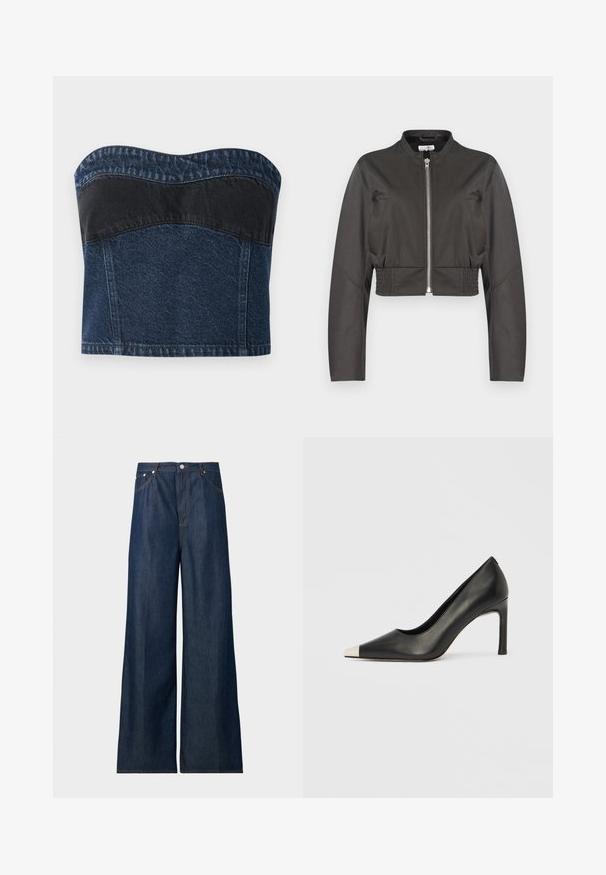 Zwarte cropped jas met lange mouwen, rits aan de voorkant, opstaande kraag, zijzakken en elastische taillepanelen.; Denim strapless top met een donkerblauw ontwerp en een zwarte paneel over het bovenste gedeelte, een gladde textuur en een gebogen halslijn.; Donkerblauwe denim jeans met wijde pijpen, met knoop aan de voorkant en zakken, afgebeeld op een effen lichtgrijze achtergrond.; Zwarte leren hoge hak met een spits toelopende neus en een metalen zilverkleurige kap. Heeft een gladde afwerking en een slanke hak van 10 cm.