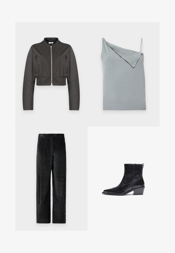 Schwarze kurz geschnittene Jacke mit langen Ärmeln, Frontreißverschluss, Stehkragen, Seitentaschen und elastischen Bundpaneelen.; Hellblaues asymmetrisches ärmelloses Oberteil mit einem breiten Schulterriemen und einem dünnen Spaghettiträger, gefaltetes Stoffdetail am breiteren Riemen.; Schwarze, strukturierte Hose mit weitem Bein und ausgeprägtem Gewebe, ausgestattet mit vorderen Falten und einem flachen Bund. Klassisches Design für Vielseitigkeit.; Schwarzer Leder-Ankle-Boot mit spitzer Zehe und niedrigem Blockabsatz. Mit einem Seitenreißverschluss und minimalen Nähdetails für ein elegantes Design.