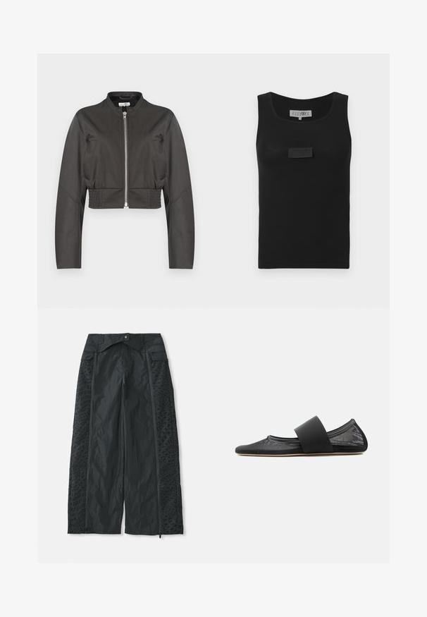 Sort cropped jakke med lange ærmer, frontlynlås, ståkrave, sidelommer og elastiske bånd ved taljen.; Sort ribbet tanktop med rund halsudskæring og et centralt mærke på fronten. Fremstillet af blødt stof med en tætsiddende pasform.; Sort brede bukser lavet af letvægtsmateriale, der har teksturerede mønstre på siderne og lynlåsåbninger ved kanten.; Sort fladsko med netmateriale, rundet tå og bred elastisk rem over vristen, vist i sideprofil på ensartet baggrund.