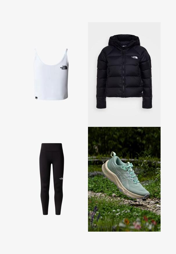 The North Face HYALITE DOWN HOODIE - Daunenjacke - black; Weißes kurzes Tanktop mit dünnen Trägern, mit dem schwarzen The North Face-Logo auf der Brust und nahe dem unteren Saum.; Schwarze Leggings mit hohem Bund, gefertigt aus einem glatten, dehnbaren Stoff. Ein kleines weißes Logo befindet sich am Unterschenkel.; Hellgrüner Laufschuh mit beige-farbener Sohle, der über einem kiesigen Weg schwebt, umgeben von Gras und kleinen Wildblumen in einer natürlichen Umgebung.