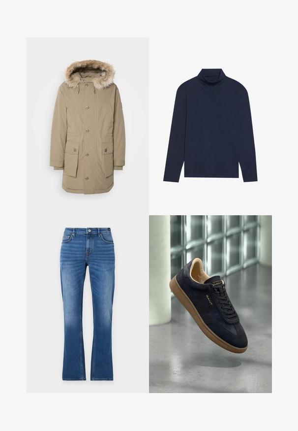 Beige parka jacket met een met nepbont afgewerkte capuchon, vooraan met rits en knoopsluiting, twee grote voorzakken en elastische manchetten. Zacht, textuurstof.; Marineblauwe coltrui met lange mouwen, gemaakt van zachte, rekbare stof met een aansluitend ontwerp, voorzien van een hoge kraag en zonder zichtbare patronen of hardware.; Jeans met uitlopende pijpen in medium blauw. Heeft een vijfzakkenontwerp, stikselaccenten, een knoopsluiting en een licht vervaagde textuur op de benen.; Navy suède sneaker met een tan rubberen zool, voorzien van een ronde neus, platte veters en een reliëflogo op de tong. Minimalistisch ontwerp.