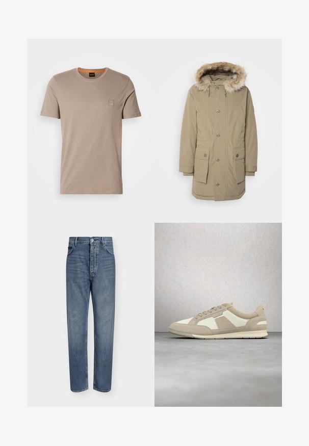 Beige parka-jakke med hætte i kunstpels, frontlynlås og knaplukning, to store forlommer og elastiske manchetter. Blødt, struktureret stof.; Beige kortærmet T-shirt med rund hals og et lille firkantet logo-patch på venstre bryst samt orange detalje på den indre krave.; Straight-leg blå denim jeans med høj talje, frontknaplukning og fem-lomme design på en ensartet lys baggrund.; Beige og hvid afslappet sneaker med snørebånd, ruskind- og læderpaneler, svævende over en poleret betongulv nær glasblokke.