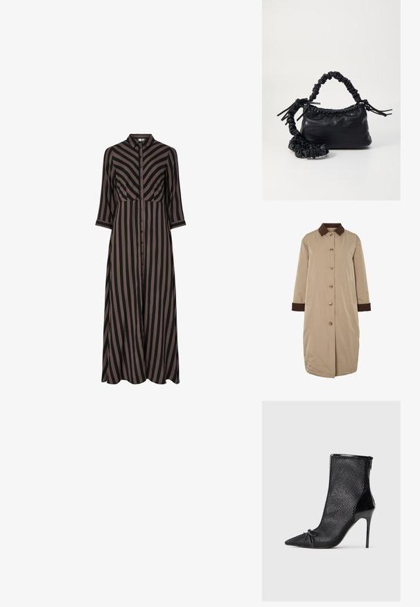 Beige jas met een bruine corduroy kraag, knoopsluiting aan de voorkant, lange mouwen en zijzakken. Glad materiaal met een knielange uitstraling.; Lange, knoopsluiting jurk met verticale zwarte en bruine strepen, voorzien van een kraag en driekwart mouwen. Gemaakt van lichtgewicht stof.; Zwarte mesh enkelboot met spitse neus, stilettohak en decoratieve strikdetail aan de voorkant. Heeft een glanzende afwerking op de hak en de rits.; Zwarte nepleer handtas met een krokodillenstructuur, opgedroogde bovenkant en een gekreukte hengsel. Het lijkt zacht en compact van ontwerp.