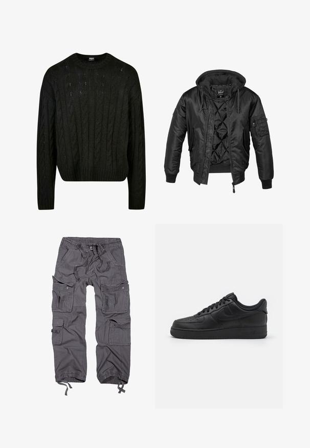 Chaqueta bomber negra con capucha, hecha de nailon brillante, con un forro acolchado, puños acanalados y un bolsillo con cremallera en la manga.; Suéter negro de punto con patrones de trenzado, cuello redondo, hombros caídos y dobladillo acanalado. Diseño midi-crop con un acabado texturizado.; Pantalones cargo grises con múltiples bolsillos, cintura con cordón, cierre de botón, puños ajustados y un acabado de tela texturizada.; Nike Sportswear AIR FORCE 1 07 FLYEASE - Zapatillas - black