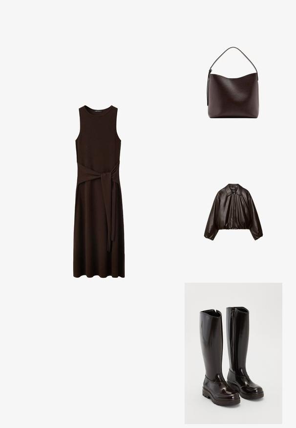 Veste cropped en simili cuir marron avec col, fermeture éclair et manches bouffantes, présentant une texture lisse et une taille élastique.; Robe midi marron foncé sans manches avec encolure ronde et ceinture en tissu attachée à la taille, présentée sur fond blanc.; Bottes noires brillantes jusqu'aux genoux avec semelles épaisses et fermeture éclair sur le côté, sur un fond blanc uni.; Sac à main en cuir brun foncé avec une seule poignée supérieure incurvée et une surface lisse et dépourvue d'ornements sur fond blanc.