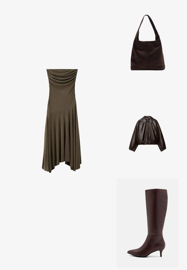 Veste cropped en simili cuir marron avec col, fermeture éclair et manches bouffantes, présentant une texture lisse et une taille élastique.; Robe vert olive foncé bustier froncé sans bretelles avec ourlet asymétrique, jupe fluide en tissu drapé doux.; Anna Field by Zalando Bottes - dark purple; Sac à épaule en suède marron avec une large bandoulière plate. Design doux et non structuré avec une couture centrale. Pas de matériel ou d'ornements visibles.