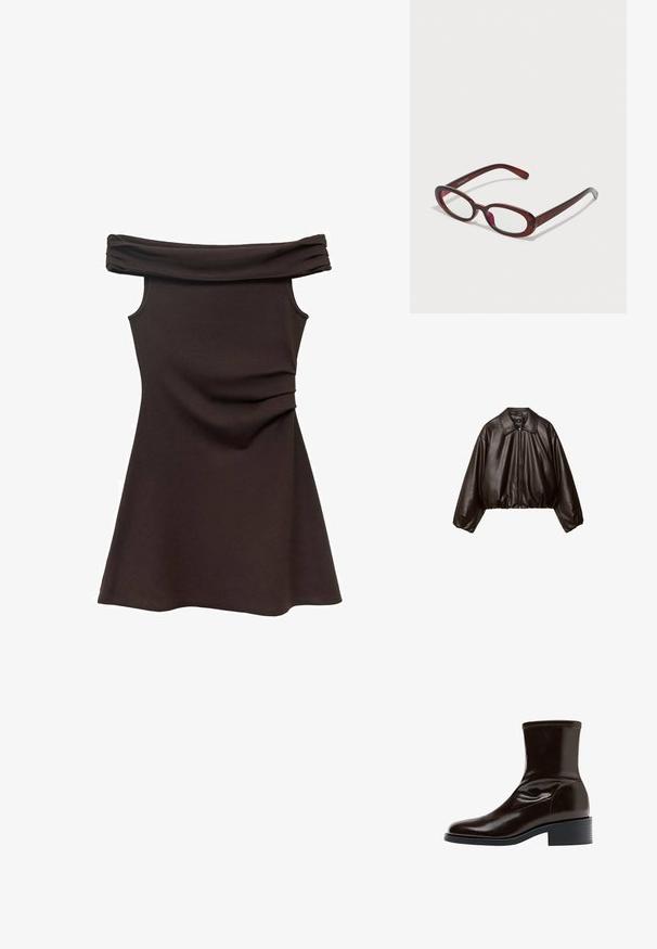 Bruine nep leren cropped jas met een gekraagde kraag, ritssluiting en voluminieuze mouwen, met een gladde textuur en een elastische tailleband.; Bruine off-the-shoulder jurk met een aansluitende bodice, zachte stof en geplooide details op de taille, die uitloopt in een rokje in skaterstijl.; Donkerbruine leren enkellaars met vierkante neus, lage blokhak en gestikte details rond de bovenrand, zijaanzicht.; Ovaalvormige rode zonnenbril met heldere lenzen en slanke bruine montuur. Het ontwerp heeft subtiele rondingen en minimale hardware.
