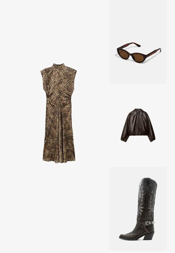 Brun faux læder cropped jakke med krave, lynlås-lukning og pufferærmer, med en glat tekstur og elastisk talje.; Ærmeløs lang kjole med høj hals og leopardmønster, prydet med lette samlinger i taljen for at give form.; Sort læder cowboystøvle med dekorative udskæringer, sølvspænde og skrå hæl, vist på hvid baggrund.; Brune skildpadde solbriller med en vintage katteøje-form og brune linser. Har buede arme med røde detaljer.