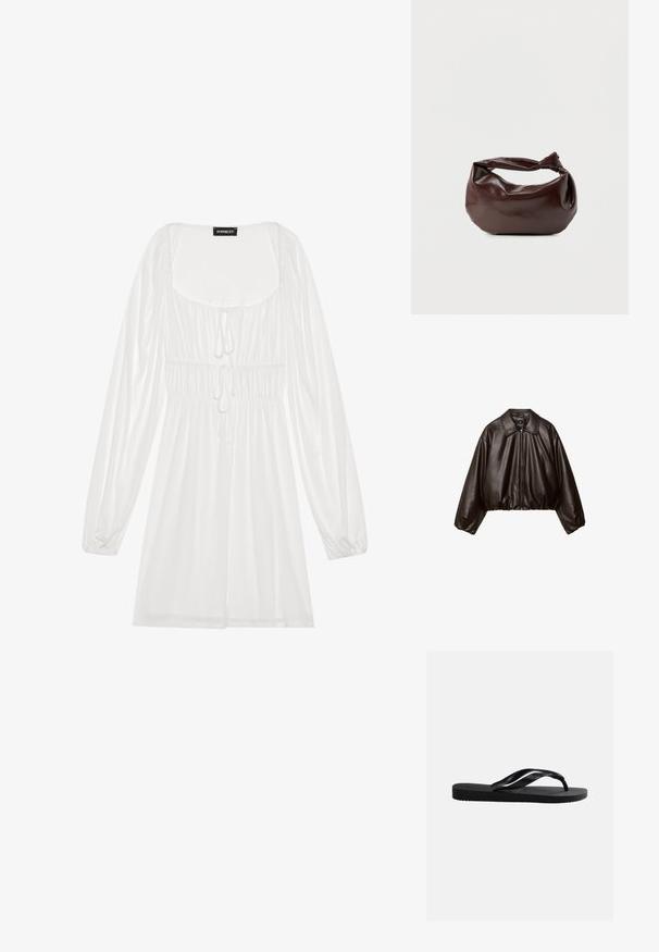 Brun faux læder cropped jakke med krave, lynlås-lukning og pufferærmer, med en glat tekstur og elastisk talje.; Hvid langærmet kjole med firkantet udskæring, samlet talje med snøring og flydende skørt, lavet af letvægts, glat stof.; Sort gummiplip-flops sandal med tekstureret sål og glatte remme, sidevisning på en ensfarvet lys grå baggrund.; Mørkebrun læder skuldertaske med en blød, afslappet form og et snoet knudehåndtag på en ensartet hvid baggrund.
