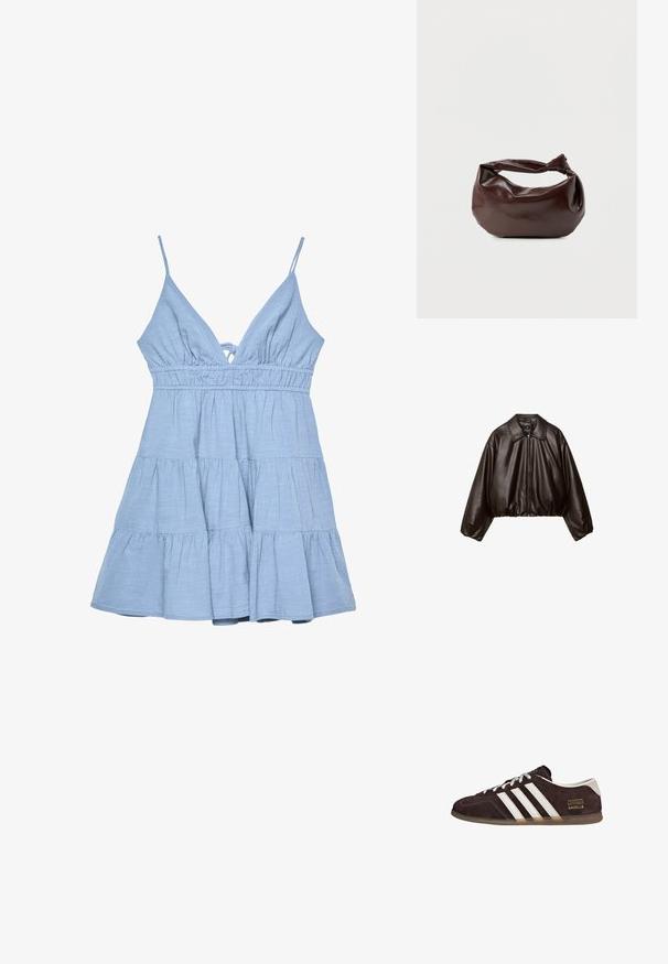 Veste cropped en simili cuir marron avec col, fermeture éclair et manches bouffantes, présentant une texture lisse et une taille élastique.; Robe sans manches bleu clair avec un décolleté en V, un corsage froncé et une jupe à volants. Fabriquée en tissu texturé avec des bretelles ajustables.; Baskets en suède marron avec trois bandes blanches, semelle en caoutchouc, et étiquette avec le texte "Gazelle" en or. Fermeture à lacets avec lacets gris.; Sac bandoulière en cuir marron foncé avec une forme souple et décontractée et une anse nouée torsadée sur un fond blanc uni.