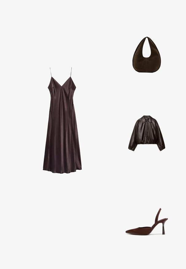 Bruine nep leren cropped jas met een gekraagde kraag, ritssluiting en voluminieuze mouwen, met een gladde textuur en een elastische tailleband.; Chocoladebruine slipdress van satijn met een V-hals, dunne bandjes en een vloeiende zoom die halverwege de kuit valt. Soepele textuur en minimalistisch ontwerp.; Bruine slingback pumps met puntige neus en een slanke, gebogen hak, gefotografeerd op een witte achtergrond.; Donkerbruine suède handtas in halve maanvorm met een enkele brede riem en een gladde textuur op een witte achtergrond.