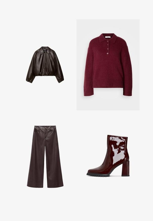 Bruine nep leren cropped jas met een gekraagde kraag, ritssluiting en voluminieuze mouwen, met een gladde textuur en een elastische tailleband.; Bordeaux gebreide trui met een polo kraag, vijf knopen sluiting en geribde manchetten en zoom. Comfortabele en relaxte pasvorm.; Bruine neplederen wijde broek met hoge taille, voorzien van voorzakken en een klassieke knoopsluiting. Zachte textuur en matte afwerking.; Glanzende bordeaux enkelboot met een vierkante neus, chunky doorzichtige hak en gestructureerde zwarte zool. Vloeiend oppervlak met een hoge glansafwerking.