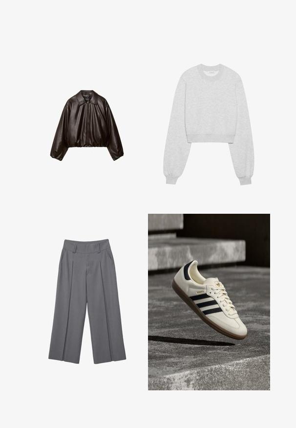 Veste cropped en simili cuir marron avec col, fermeture éclair et manches bouffantes, présentant une texture lisse et une taille élastique.; Sweatshirt cropped en tissu gris clair, avec des manches longues, un col rond, des poignets côtelés et une texture subtile.; Pantalon gris à jambes larges avec plis sur le devant, passants de ceinture et poches latérales, présenté à plat sur un fond blanc.; Baskets blanches Adidas Samba avec des bandes noires et une semelle en gomme, flottant au-dessus de marches en béton gris texturé.