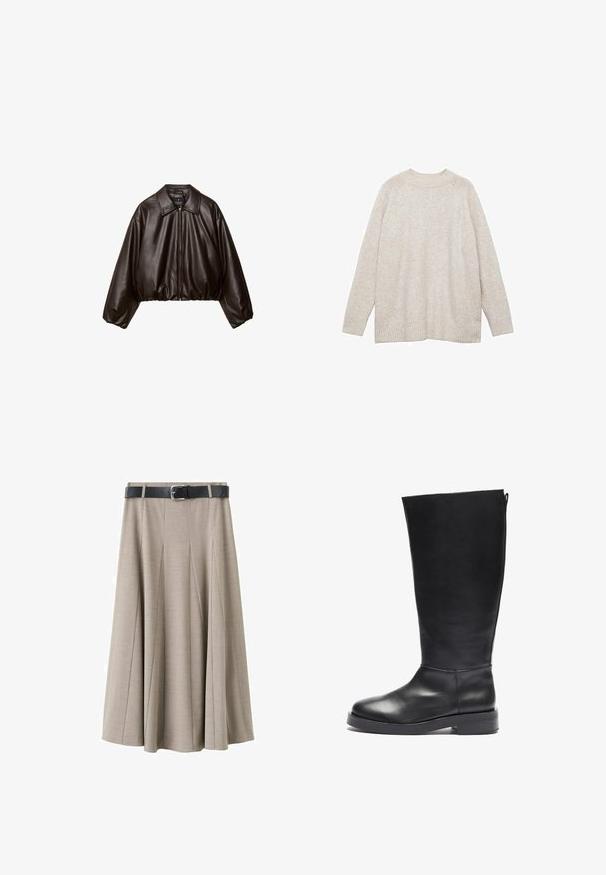 Veste cropped en simili cuir marron avec col, fermeture éclair et manches bouffantes, présentant une texture lisse et une taille élastique.; Pull en tricot beige avec un col rond, un ourlet et des poignets côtelés, et des manches raglan. Texture douce avec une coupe décontractée et surdimensionnée.; Jupe plissée beige en tissu lisse, équipée d'une ceinture noire avec une boucle argentée. La jupe présente une coupe évasée et une longueur mi-mollet.; Botte noire en cuir, montante jusqu'au genou, avec un bout arrondi, une finition lisse, un talon carré et une fermeture éclair à l'arrière pour un enfilage facile.