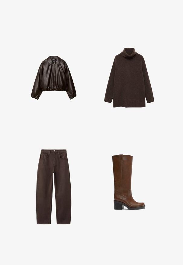 Veste cropped en simili cuir marron avec col, fermeture éclair et manches bouffantes, présentant une texture lisse et une taille élastique.; Pull turtleneck marron en tricot doux. Il présente des manches longues et une coupe décontractée avec un col haut pour plus de chaleur.; Jean en denim marron à jambes droites avec un design à cinq poches, fermeture par boutons et coutures apparentes. La texture du tissu paraît solide et lisse.; Botte en cuir brun mi-mollet avec talon bloc et languette de tirage, finition lisse et bout arrondi sur fond blanc.