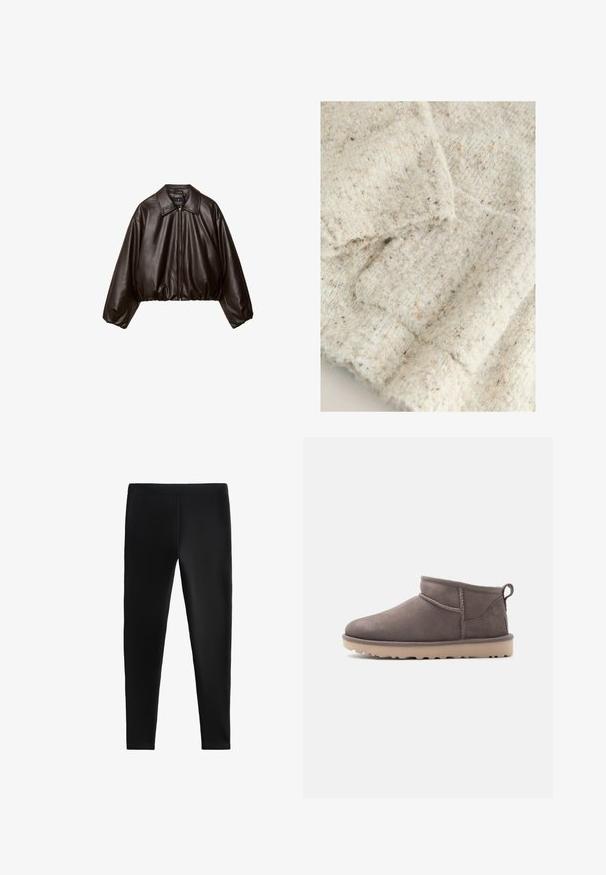 Braune Kunstleder-Cropped-Jacke mit Kragen, Reißverschluss und gepufften Ärmeln, aus glattem Material und mit elastischem Bund.; Hellgrauer Strickstoff mit einer weichen, strukturierten Oberfläche, der mit Flecken in Beige und dunklerem Braun durchzogen ist. Dezente Rippendetails.; Schwarze Leggings aus dehnbarem Material, mit einer körperbetonten Passform ohne sichtbare Nähte oder Taschen, geeignet für verschiedene Aktivitäten.; Niedriger brauner Slip-On-Schuh aus Wildleder mit strukturierter Sohle und Zuglasche vor schlichtem Hintergrund.