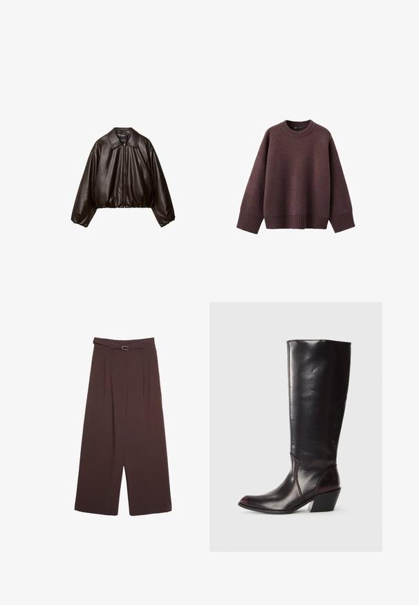 Brun faux læder cropped jakke med krave, lynlås-lukning og pufferærmer, med en glat tekstur og elastisk talje.; Løs pasform sweater i mørk bordeaux, lavet af blødt strikket stof. Har en ribstrikket rund hals, vide ærmer og en ribstrikket kant.; Stradivarius SMART WIDE-LEG WITH BUCKLE DETAIL - Bukser - dark brown; Knæhøj, mørkebrun læderstøvle med spids tå, vinkelret blokhæl og en glat, blank overflade. Har et enkelt design og syningsdetaljer.