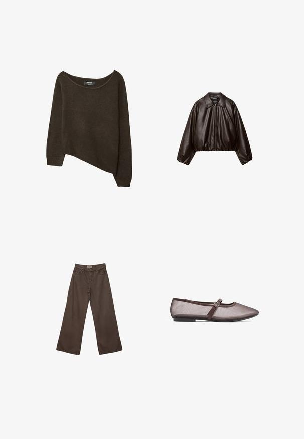 Veste cropped en simili cuir marron avec col, fermeture éclair et manches bouffantes, présentant une texture lisse et une taille élastique.; Pull en tricot lâche marron avec un ourlet asymétrique et un col large. Texture douce avec des poignets côtelés et une étiquette à l'intérieur du col.; Pantalons en denim marron à coupe large avec un design classique à cinq poches, dotés d'une fermeture à bouton et d'une texture lisse.; Ballerines en maille marron avec un bout rond, une semelle plate et une fine sangle réglable avec une boucle en métal sur le cou-de-pied.