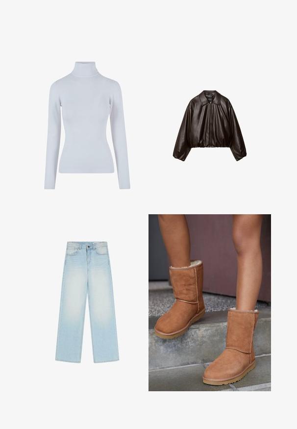 Brun faux læder cropped jakke med krave, lynlås-lukning og pufferærmer, med en glat tekstur og elastisk talje.; Lys grå turtleneck sweater lavet af et blødt, ribbet stof. Har lange ærmer, en tætsiddende pasform og en høj, tætsiddende krave.; Lyseblå vidbenet cowboybukser med knapper og lynlås foran, bæltestropper og forlommer på hvid baggrund.; Brune ruskind ankelstøvler med rund tå, blødt foer og gummisål, der har synlige stikninger langs sømmene.