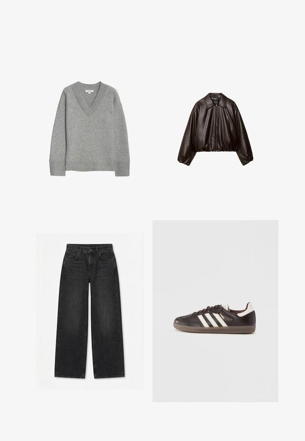 Brun faux læder cropped jakke med krave, lynlås-lukning og pufferærmer, med en glat tekstur og elastisk talje.; Grå ribbet sweater med V-hals, lange ærmer og lige kant. Lavet af blødt materiale, med subtile teksturer og detaljer.; Sorte jeans med brede ben, forrest knap og lynlås, bæltestropper og design med fem lommer på en ensfarvet hvid baggrund.; Mørkebrune lædersneakers med hvidt tre-stribet design, en gummisål og "Samba" i gyldne bogstaver på siden. Klassisk lavtopform.