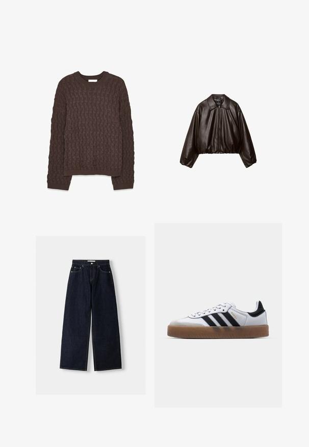 Brun faux læder cropped jakke med krave, lynlås-lukning og pufferærmer, med en glat tekstur og elastisk talje.; Brun strikket sweater med et struktureret mønster, der har en rund halsudskæring og lange ærmer. Stoffet har en blød, kraftig fornemmelse.; Mørkeblå denim wide-leg jeans med høj talje, fem lommer, kontraststing og sølvfarvet metalbeslag. Glat overflade og pæn finish.; Hvide lædersneakers med sorte striber, gummirubber sål, rund tå, snørelukning og blød grå ruskinds tåhætte.