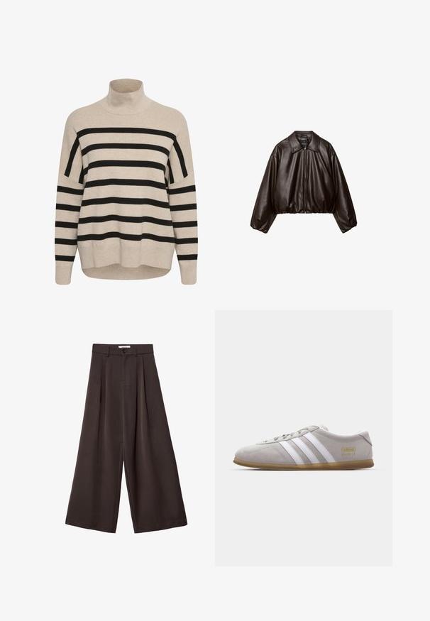 Braune Kunstleder-Cropped-Jacke mit Kragen, Reißverschluss und gepufften Ärmeln, aus glattem Material und mit elastischem Bund.; Beige Rollkragenpullover mit schwarzen horizontalen Streifen. Verfügt über Fall Schulter, gerippte Bündchen und eine lässige Passform. Weiche Stricktextur.; Dunkelbraune, weit geschnittene Hosen mit vorderen Falten, einem Knopfverschluss und Gürtelschlaufen, vor weißem Hintergrund dargestellt.; Graue Wildleder-Sneaker mit weißen Lederstreifen und goldenen Logodetails. Flache Gummisohle, abgerundete Zehenpartie und klassisches Schnürverschlussdesign.