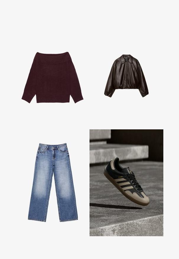 Veste cropped en simili cuir marron avec col, fermeture éclair et manches bouffantes, présentant une texture lisse et une taille élastique.; Pull à manches longues, épaules dénudées, en maille bordeaux foncé avec col, poignets et ourlet côtelés.; Jeans en denim bleu clair à jambes larges avec poches avant, passants pour ceinture, fermeture par bouton et légère décoloration sur les cuisses avant.; Baskets en cuir noir et beige avec trois bandes blanches, semelle en caoutchouc beige et détail en or "Samba" sur le côté.