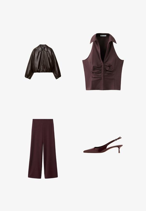 Veste cropped en simili cuir marron avec col, fermeture éclair et manches bouffantes, présentant une texture lisse et une taille élastique.; Blouse sans manches marron foncé avec un décolleté en V profond, un large col et un détail froncé au centre devant.; Pantalon large bordeaux en tissu doux et léger avec une texture lisse ; doté d'une taille haute et sans fermetures visibles.; Chaussure slingback à petit talon en cuir verni marron foncé avec bout pointu et bride réglable à boucle.
